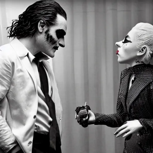 Image similar to ultra realistic candid photograph from joaquin phoenix with lady gaga in new joker movie footage's, intricate details, face details