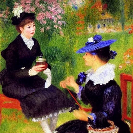 Prompt: Black cat in a butlers uniform serving tea to a lady in a beautiful blue dress, garden, flowers, lake, sunny, sharp focus, highly detailed, impressionist, art by Pierre-Auguste Renoir, masterpiece