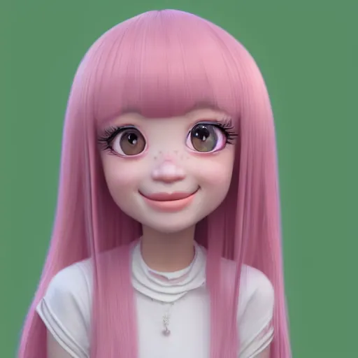 Image similar to A portrait of Nikki from Shining Nikki and Love Nikki, a cute 3d cgi toon young woman with long light pink hair, full bangs, hazel eyes, full round face, light makeup, pale skin, Chinese heritage, in the center midground, medium shot, mid-shot, hyperdetailed, 8k, trending on artstation, as a Pixar character