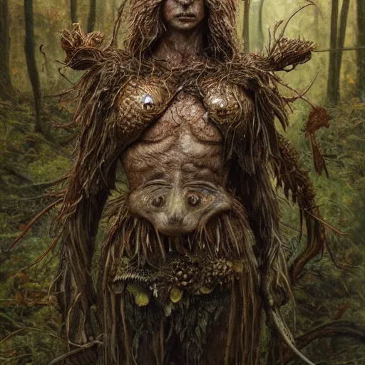 Image similar to detailed realistic body portrait of a ratfolk druid in wooden armor, covered in fungus and mushrooms, decayed plant matter, leaves, by Gerald Brom and Alan Lee, ArtStation