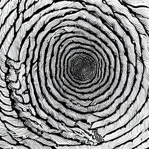 Prompt: an infinite spiral, micron pen drawing, black ink, brutalist