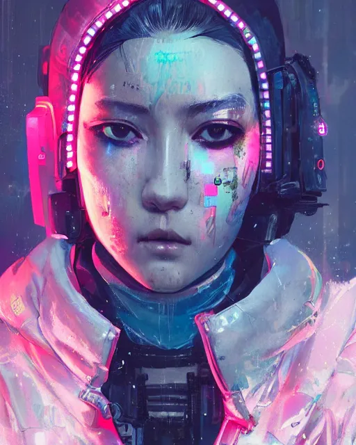 Image similar to detailed portrait Neon Operator Girl cyberpunk futuristic neon Reflective puffy coat, decorated with traditional japanese ornaments by ismail inceoglu dragan bibin hans thoma greg rutkowski Alexandros Pyromallis Nekro Rene Margitte illustrated Perfect face, fine details, realistic shaded, fine-face, pretty face