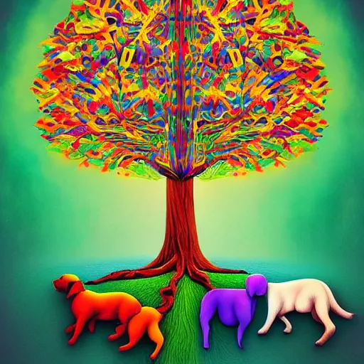 Prompt: the tree of life made up entirely by different breeds of dogs, surreal, digital illustration, vibrant colors, explosion of colors, intricate, highly detailed,