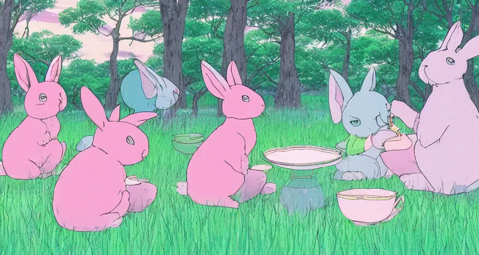 Image similar to 3 pink and teal colored bunnies having a tea party, by studio ghibli, makoto shinkai, beautiful nature illustration