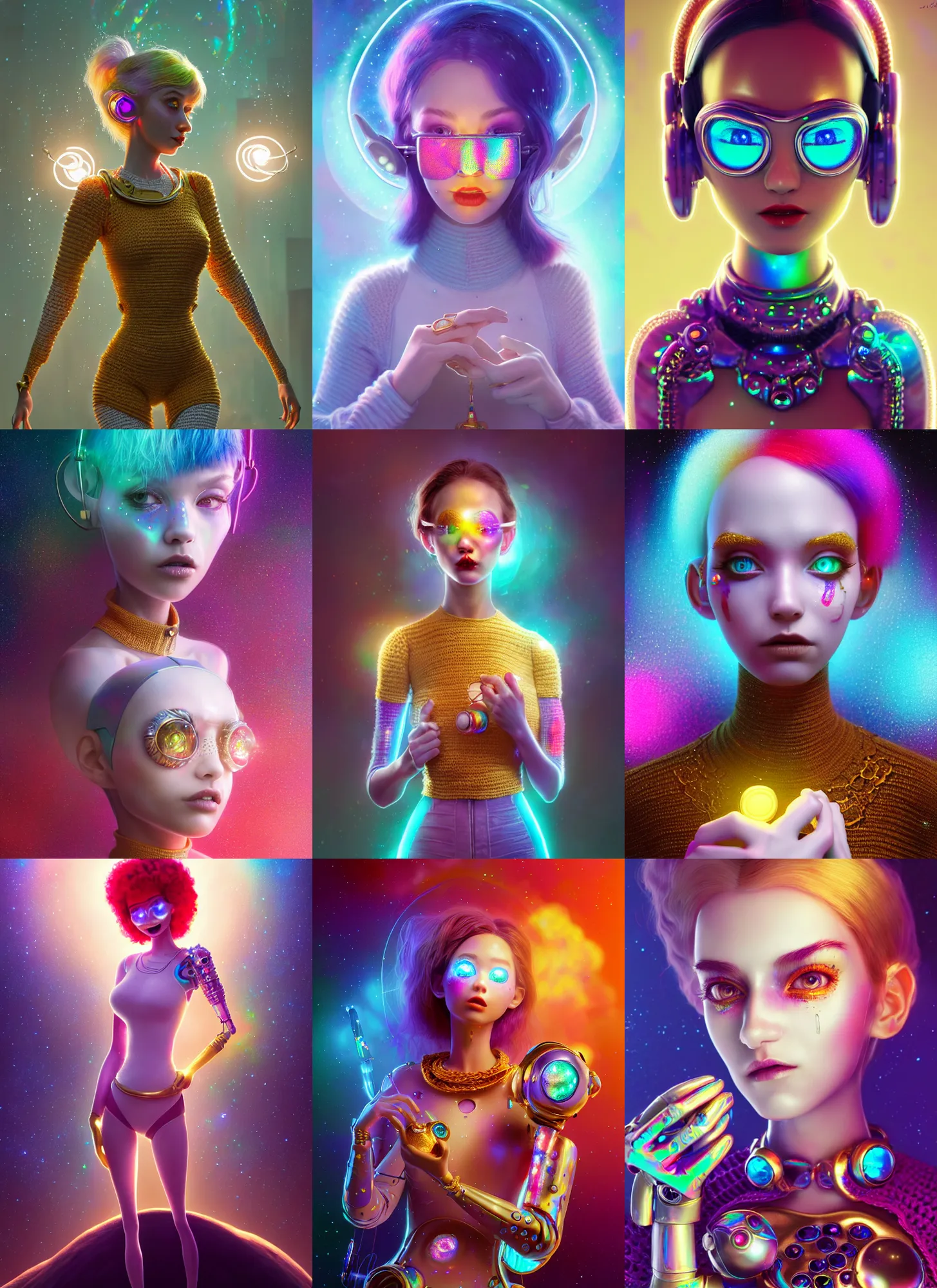Prompt: pixar 8 k photo, beautiful shiny white porcelain rich galactic iridescent edc crochet clowncore cyborg college girl, candy jewelry, golden ratio, sci fi, fantasy, cyberpunk, intricate, decadent, highly detailed, digital painting, octane render, artstation, concept art, smooth, sharp focus, illustration, art by loish, wlop