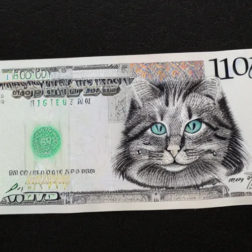 Image similar to ten dollar note with a drawing of a cat