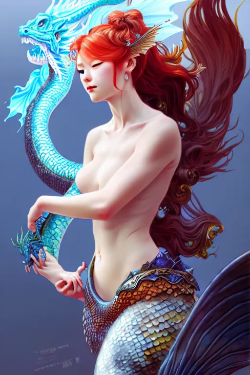 Prompt: portrait mermaid with a dragon tail, chinese dragon concept art, d & d, highly detailed, digital painting, artstation, sharp focus, illustration, art by tan zi and ayanamikodon and alphonse mucha and wlop