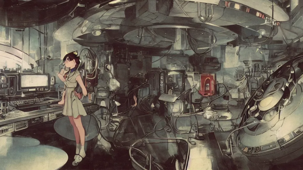 Prompt: a film still of a 1 9 5 0's mechanic anime girl working in control room of ufo, finely detailed features, full body mid shot, perfect art, in the ufo, trending on pixiv fanbox, painted by gaston bussiere, makoto shinkai, akihiko yoshida, gaston bussiere, craig mullins, studio ghibli