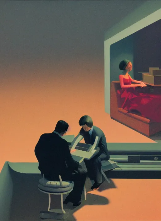 Prompt: woman and man sitting on a pile of computer keyboards, snowing night by Edward Hopper and James Gilleard, Zdzislaw Beksinski, Katsuhuro Otomo highly detailed