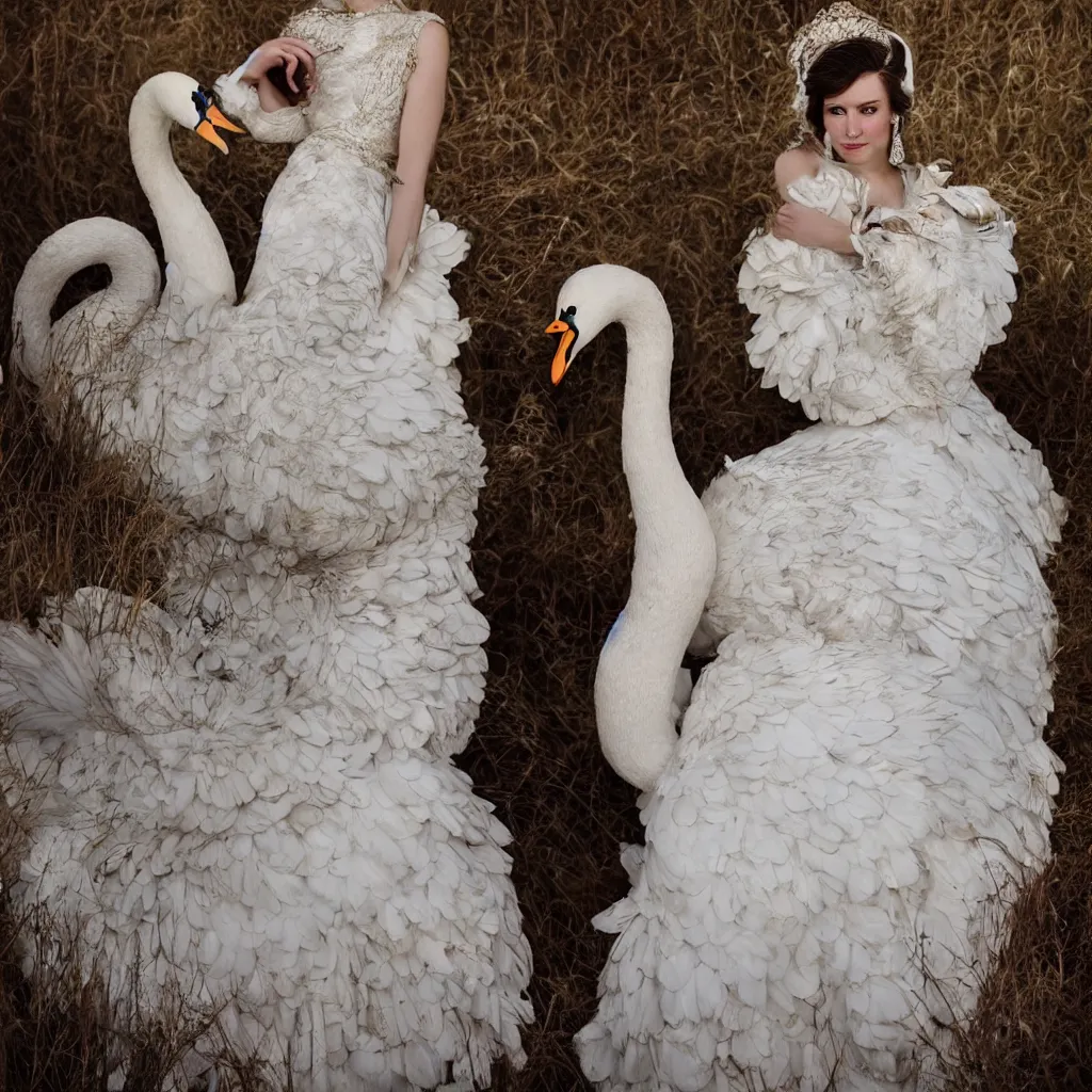 Image similar to a beautiful lady with a large majestic ornate cotton dress with a realistic swan in her arms dramatic light, meredit frampton style