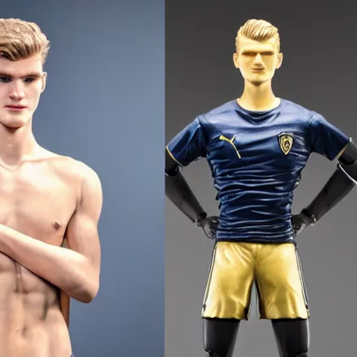 Image similar to a realistic detailed photo of a guy who is an attractive humanoid who is half robot and half humanoid, who is a male android, soccer players martin ødegaard & timo werner, shiny skin, posing like a statue, blank stare, in a factory, on display, showing off his muscles, gold soccer shorts, side view, looking at each other mindlessly