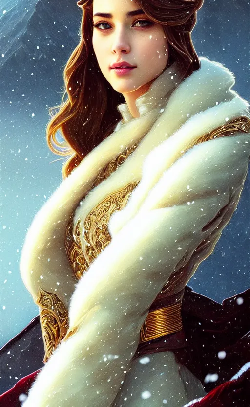 Image similar to rayan gosling, regal, elegant, winter, snow, beautiful, stunning, hd, illustration, epic, d & d, fantasy, intricate, elegant, highly detailed, wide angle, digital painting, artstation, concept art, smooth, sharp focus, illustration, wallpaper, art by artgerm and greg rutkowski and alphonse mucha and jin xiaodi