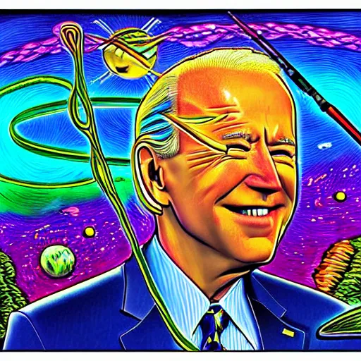 Prompt: joe biden fishing in space in the style of alex grey, dmt, acid, colorful,