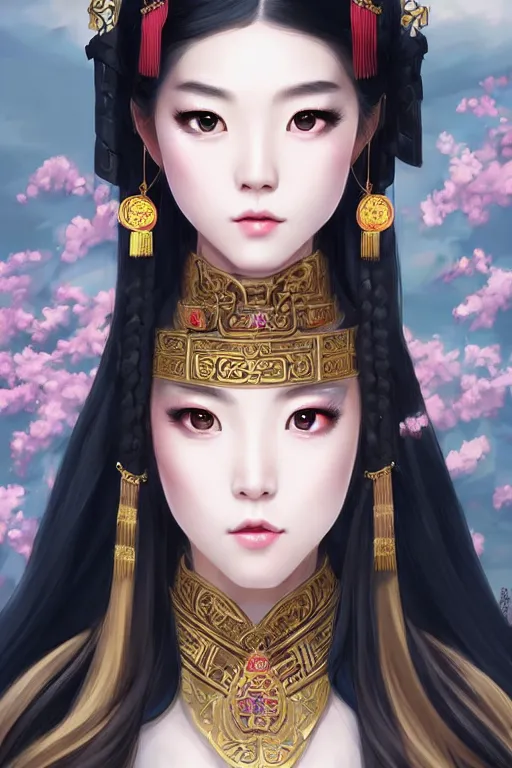 Image similar to a lovely and shiny young empress of qing dynasty, face by artgerm, ross tran, fuji choko, loish, 8 k resolution, attractive, symmetrical portrait, beautifully detailed landscape of ruin, trending on pixiv and pinterest, charming black eyes, luxury, perfect face, smooth, dreamlike