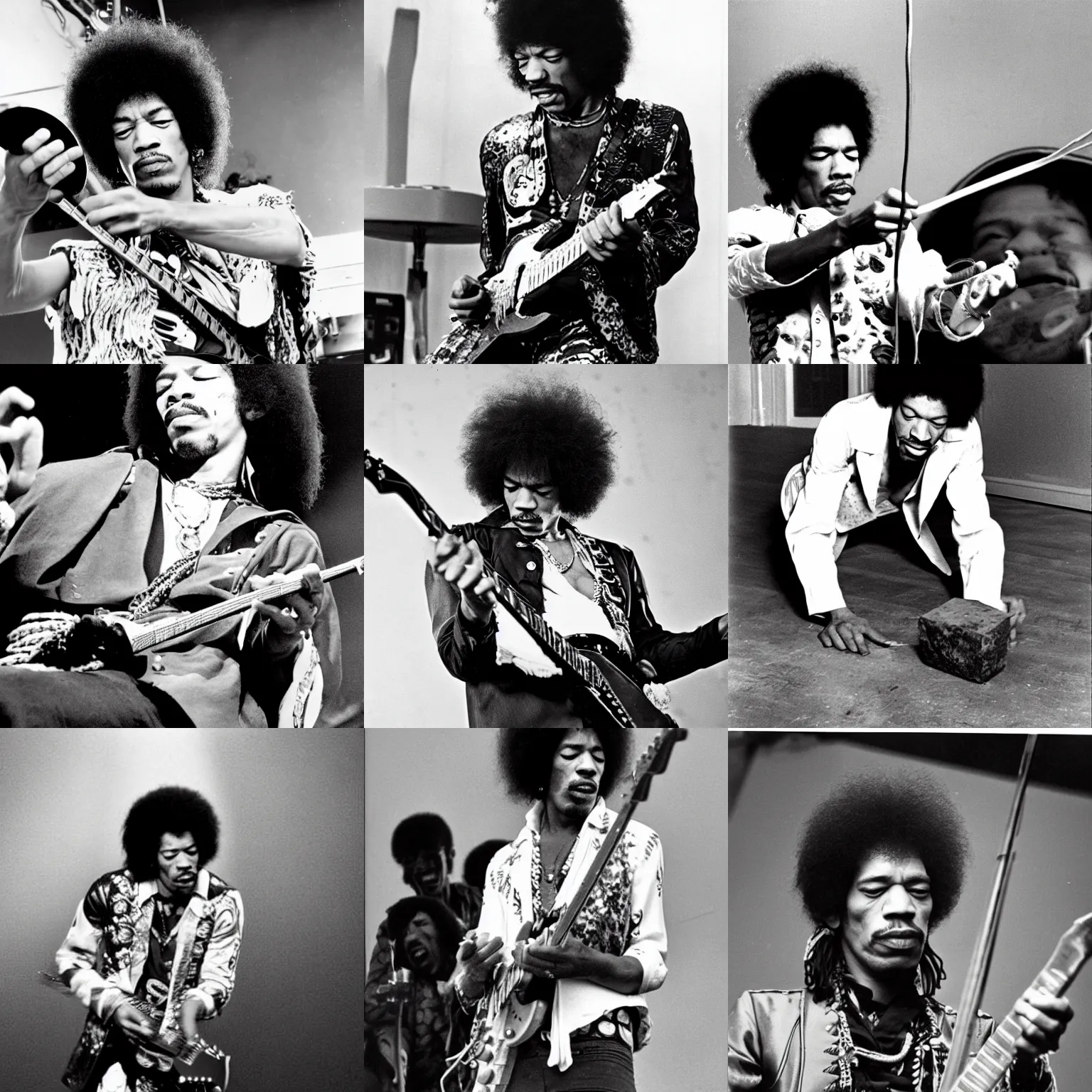 Prompt: jimi hendrix picking up a small object from the floor