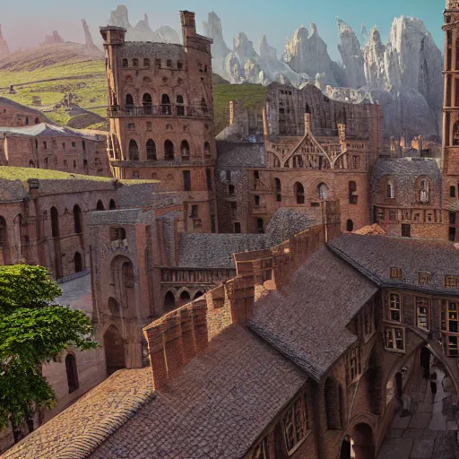 Image similar to Aerial wide long shot of distant epic medieval city of epic stone-brick buildings with european arched doorways, crenellated balconies, wood ornaments, flagpoles, tiny ornate windows, planned by Syd Mead, Alpine scenery, Hyper photorealistic, Arnold Render, Quixel Megascans