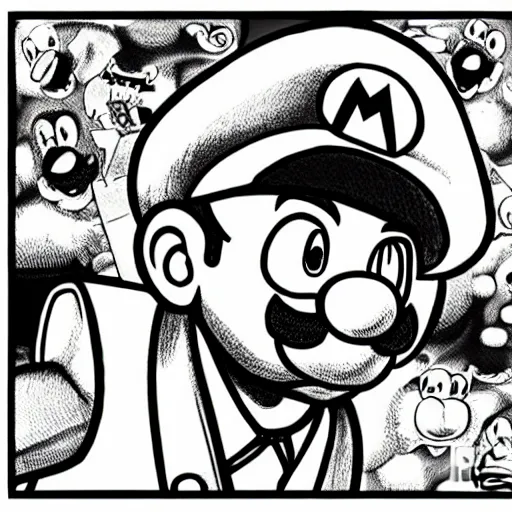 Image similar to A portrait of Mario from the Super Mario Bros series drawn by Junji Ito