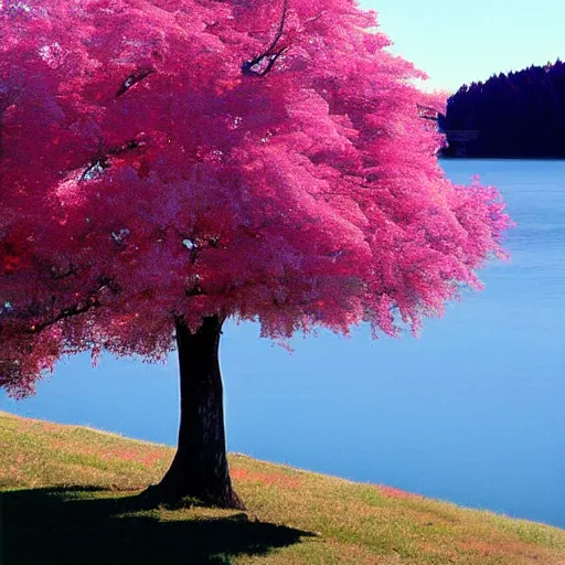 Image similar to beautiful pink tree beside a large lake landscape in the style of Edward Hopper