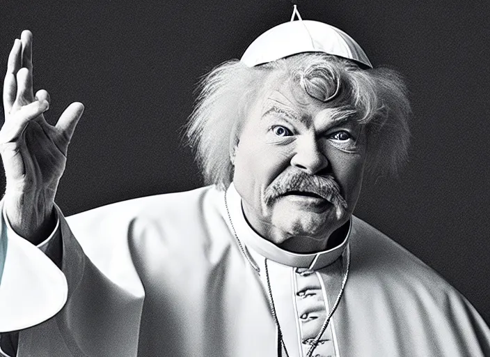 Prompt: photo still of rip taylor as the pope!!!!!!!! at age 5 4 years old 5 4 years of age!!!!!!! throwing confetti from a bucket at church, 8 k, 8 5 mm f 1. 8, studio lighting, rim light, right side key light