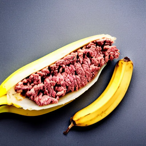 Prompt: a stock photo of ground beef inside a banana peel, product photography, low aperature, award winning