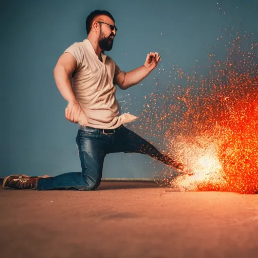 Prompt: man hitting the ground creating a explosion