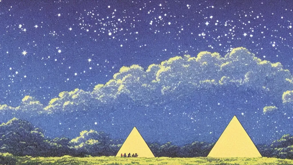 Image similar to a movie still from a studio ghibli film showing a large white pyramid and a golden ufo on a misty and starry night. by studio ghibli