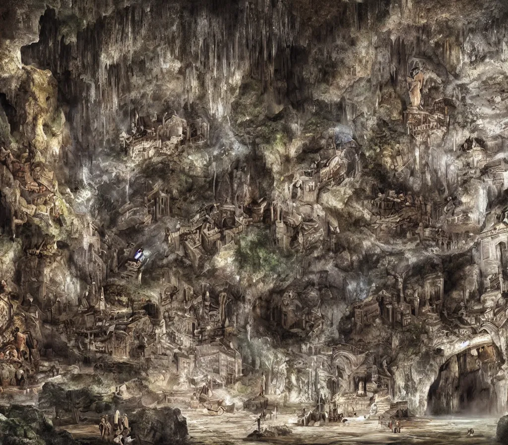 Image similar to the city of Rome but underground in an impossibly large cave,fantasy art,realistic,high quality,detailed