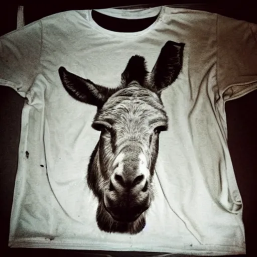 Prompt: “photo of a ripped, filthy dirty off-white t-shirt with the picture of a donkey on it, hanging on a dirty concrete wall in a dark room with the floor covered in trash and garbage. Flash photo.Cursed image.”