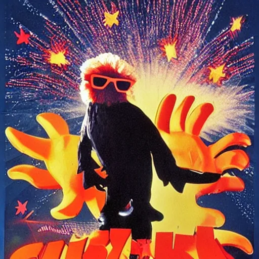 Prompt: movie poster ( 1 9 7 6 ) return of the funky chicken! featuring a dancing chicken wearing oversized sunglasses. fireworks explode in the background. car chases in thee background.