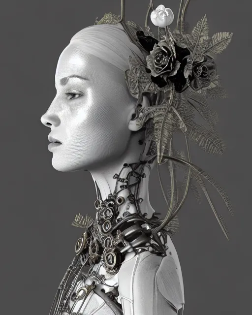 Image similar to monochrome 3 d model, 1 8 7 0 picture, silver mesh floral steampunk biomechanical beautiful young female cyborg with porcelain profile face and a techno eye, volumetric light, leaves foliage and stems, hibiscus flowers, sinuous fine roots, fine foliage lace, alexander mcqueen, rim light, big gothic fashion pearl embroidered collar, octane render, 8 k