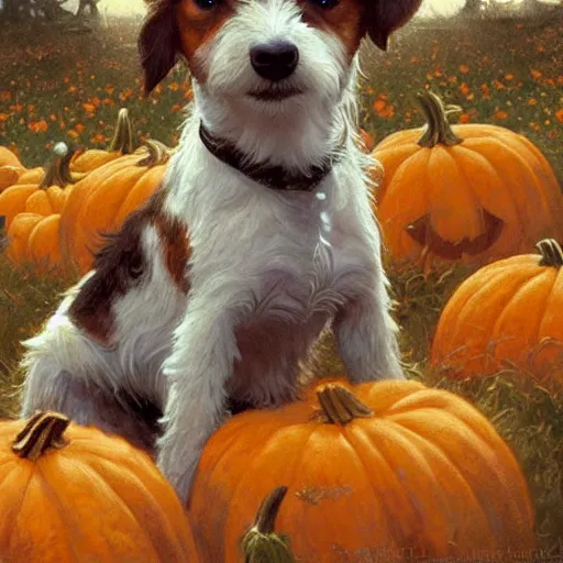 Prompt: a very cute scruffy long haired jack russell terrier puppy, white with chocolate brown spots and a brown patch over both eyes, amidst piles of pumpkins. halloween autumn fall art. beautiful painting by artgerm and greg rutkowski and alphonse mucha