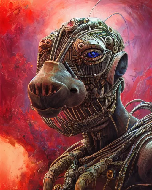 Image similar to bloody cyborg capybara, by antonio j. manzanedo, giger, alex grey, android jones, wayne barlowe, philippe druillet, raymond swanland, cyril rolando, josephine wall, harumi hironaka, trending on artstation