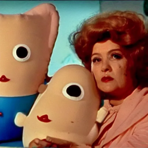 Image similar to woman who has given birth to a squishy inflatable toy, in hospital bed, 1974 Fellini film, archival footage, technicolor film, 16mm, wacky children's tv with anthropomorphic animal