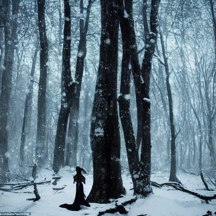 Image similar to portrait of a woman wrapped in bioluminescent fabric, standing in a snowy forest at night, color photograph, by jan van eyck, canon eos c 3 0 0, ƒ 1. 8, 3 5 mm, 8 k, medium - format print