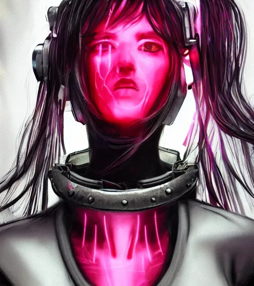 Image similar to detailed realistic female character cyberpunk wearing thick steel collar around neck, realistic, art, beautiful, 4K, collar, choker, collar around neck, punk, artstation, detailed, female, woman, choker, cyberpunk, neon, punk, collar, choker, collar around neck, thick collar, tight around neck, punk, choker, neon, neon, cyberpunk, technological