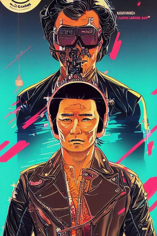 Image similar to 1 9 7 9 omni magazine cover of hiroyuki sanada in a leather jacket. stylized cyberpunk art by josan gonzalez.