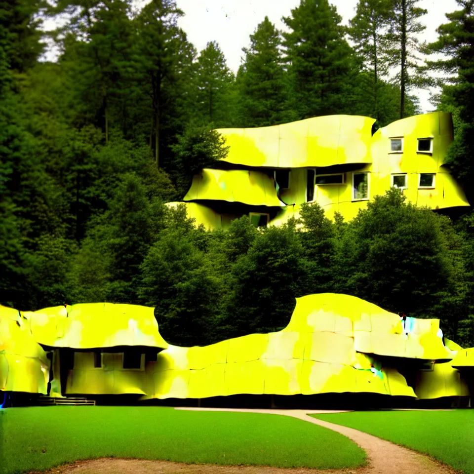 Image similar to a flat house from far away with big tiles, in a forest, designed by Frank Gehry. Film grain, cinematic, yellow hue