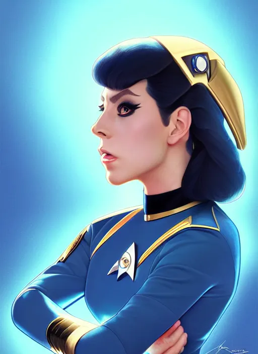 Prompt: cute star trek officer lady gaga, natural lighting, path traced, highly detailed, high quality, digital painting, by don bluth and ross tran and studio ghibli and alphonse mucha, artgerm