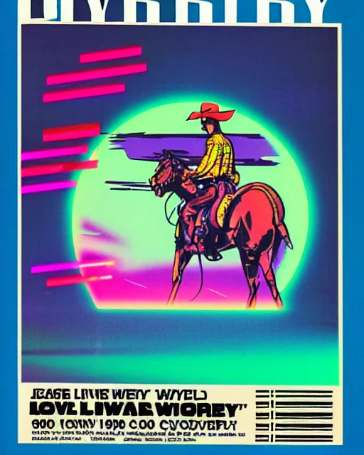 Image similar to laser disk cowboy, 1 9 8 0's magazine ad, vapor wave aesthetic