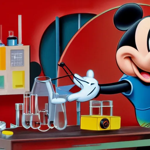 Image similar to scienist building mickey mouse head in red laboratory, 8 k, high detail, detailed, smooth, high quality