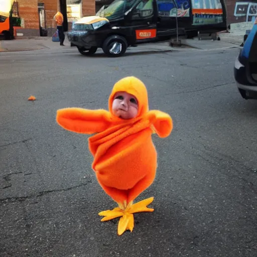 Image similar to cute baby chicken dressed as an inmate, campau mike style