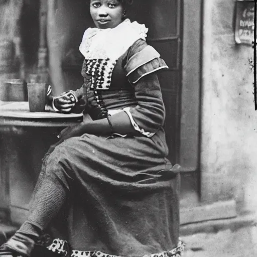 Image similar to afro woman on a cafe in paris, 1 8 0 0 s