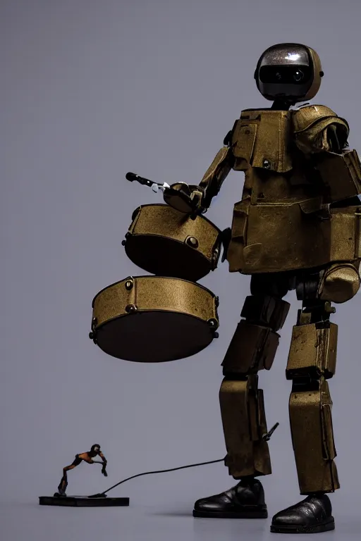 Prompt: a cinematic photo shot of a beautiful 1 : 6 scale threea toys figurine by ashley wood, world war one robot playing drums and electric guitar, black background, museum light, dark mood