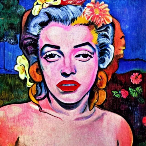 Image similar to Girl in flowers, red lipstick on her face, ugly look, Gauguin style, the appearance of Marilyn Monroe