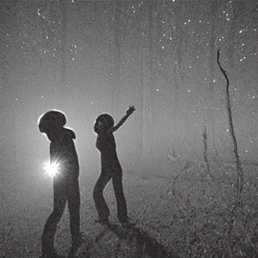 Prompt: aliens dancing caught on trail cam, night vision