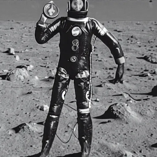 Image similar to detailed photo of an early diving suit with diver holding an electric guitar on the moon. old diving suit pictures. old diving suit. early diving suit. old diving suit photos. detailed