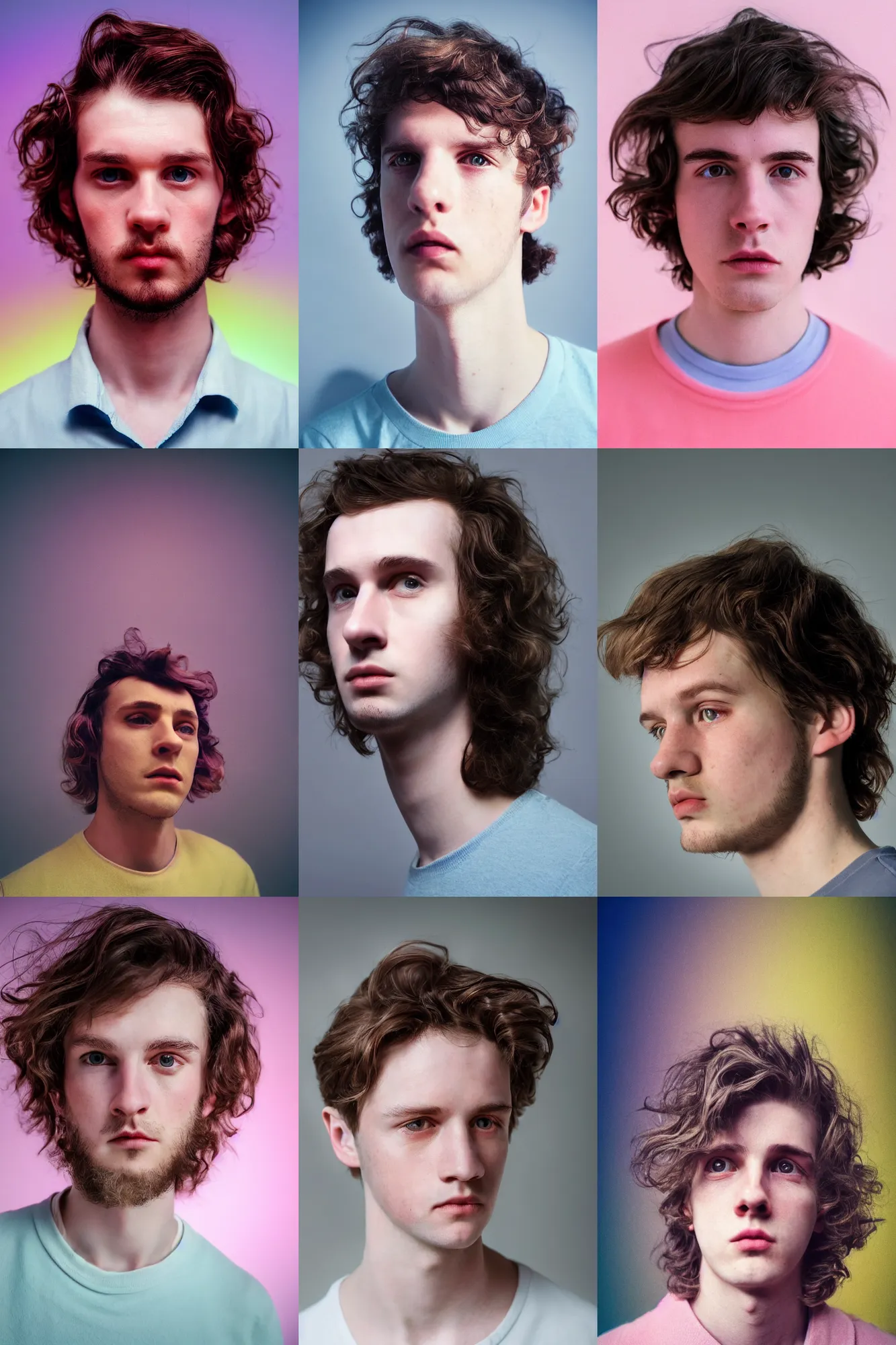 Prompt: an ultra high definition pastel coloured vintage wide angle selfie photograph of a handsome dopey young man with short medium wavy black brown messy hair triangle shaped head. three point lighting. volumetric. refraction. extremely detailed. soft focus. ambient light sources. haze artefacts, light glare, art directed. filmic. stark.