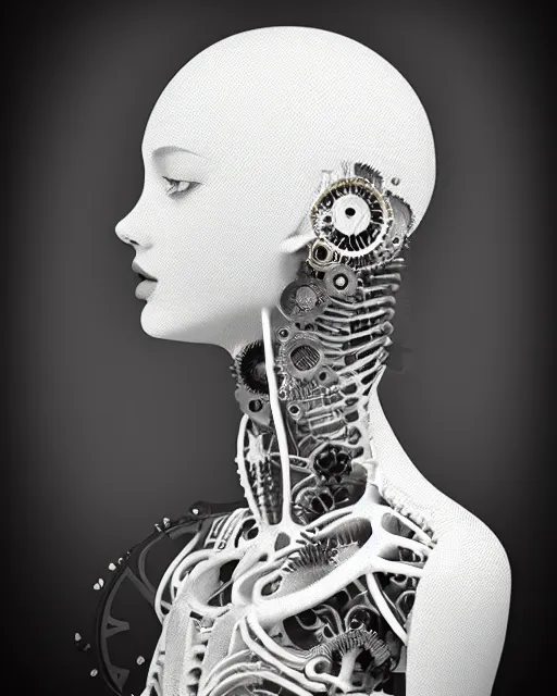 Image similar to black and white dreamy foggy profile face portrait, one steampunk eye biomechanical beautiful young female cyclope - cyborg - robot bust, body ribs meshes,, volumetric light, hibiscus flowers, by hg giger, rim light, by dora maar and cecile beaton, big gothic fashion pearl embroidered collar, 8 k