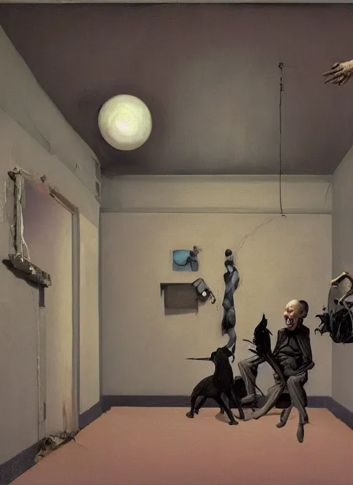 Image similar to two dark figures laughing and a black dog inside a decayed contemporary with spherical people and Oxygen tanks at flooded living room Edward Hopper and James Gilleard, Zdzislaw Beksinski, open ceiling, highly detailed, painted by Francis Bacon, painted by James Gilleard, surrealism, airbrush, Ilya Kuvshinov, WLOP, Stanley Artgerm, very coherent, art by Takato Yamamoto and James Jean