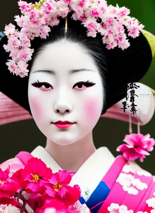 Image similar to Beautiful Japanese geisha close up portrait shot, 1920s geisha, Japanese, young woman, half body photo, upper body, traditional geisha clothing, geisha makeup, geisha hairstyle, hyper realistic, 8k detail, trending, professional photography, cherry blossom background